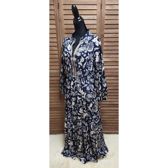 Rustty Dustty Navy Maxi Dress Long Sleeve Ruffle Hem Embroidered V-Neck Size XL - Picture 5 of 8